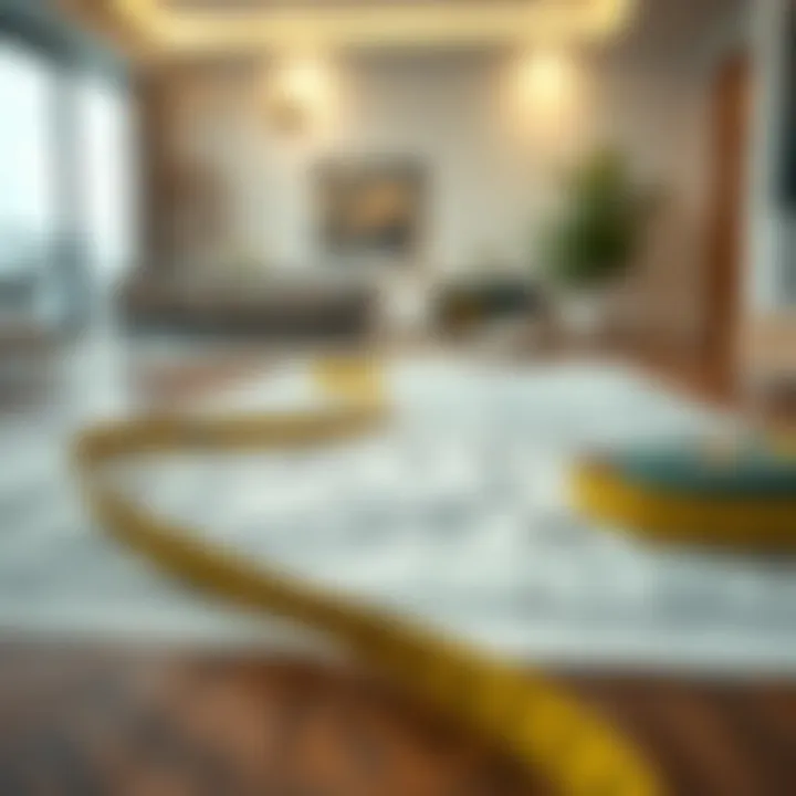 Measuring tape on a floor plan to calculate area