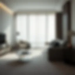 Elegantly designed living room featuring antrasit gray carpet