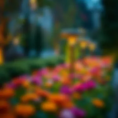 Modern garden fixtures illuminating a vibrant flower bed