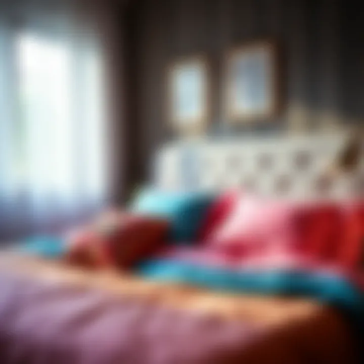 A cozy bedroom featuring colorful sheets and decorative pillows