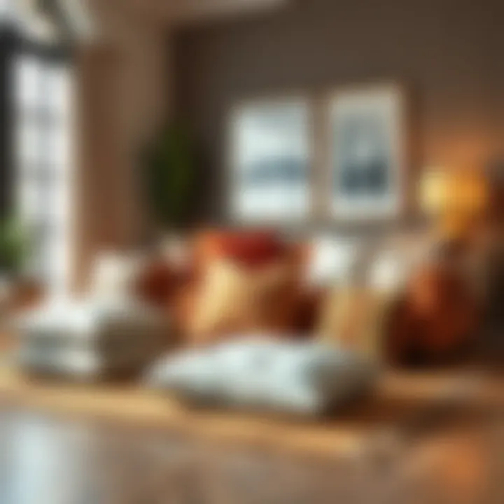 Elegant Floor Cushion Arrangement A beautifully arranged decorative floor cushion set in a cozy living space.