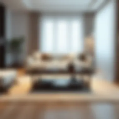 Living room with white flat rug under a coffee table