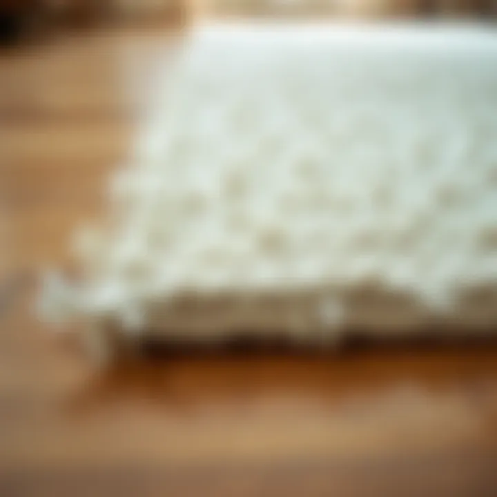 Close-up of a textured white rug on wooden flooring