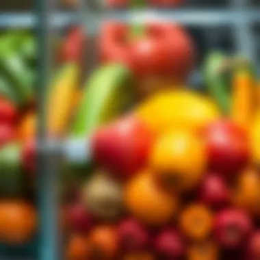 Close-up view of a glass container filled with vibrant fruits and vegetables