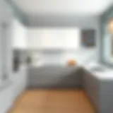 Elegant gray and white kitchen interior design showcasing sleek cabinetry and modern appliances