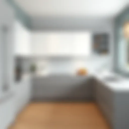 Elegant gray and white kitchen interior design showcasing sleek cabinetry and modern appliances