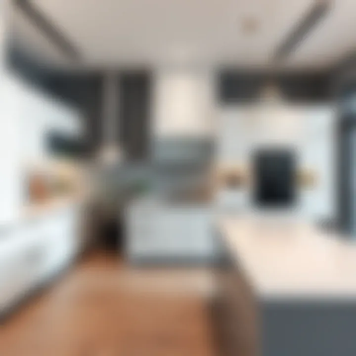 Contemporary gray and white kitchen layout highlighting efficient use of space and aesthetics