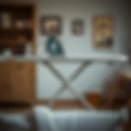 Detailed view of an ironing board showcasing its dimensions