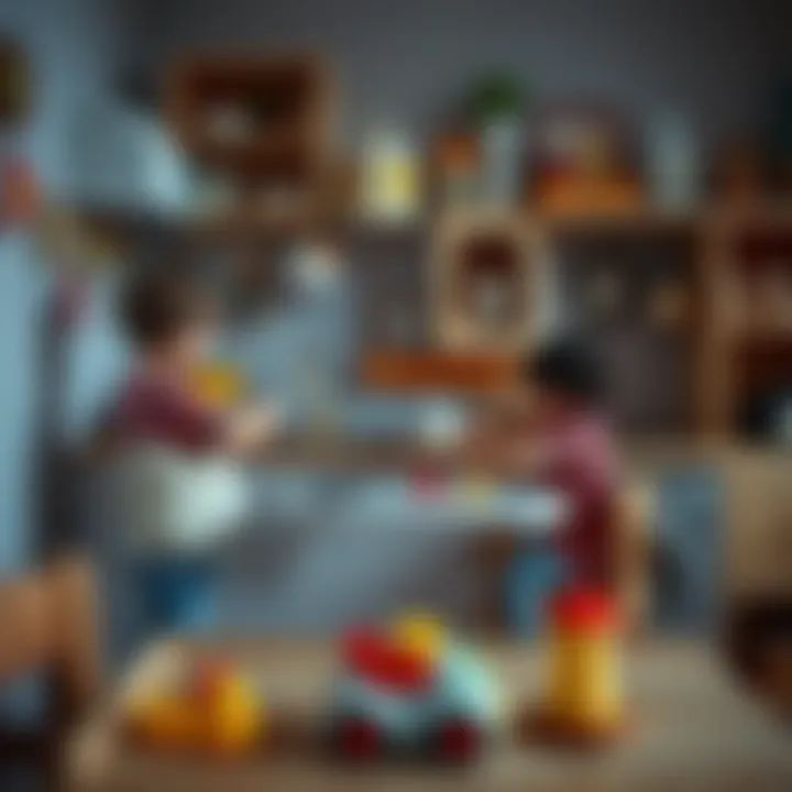 Children Engaged in Creative Play with Kitchen Cabinet Toys Children playing with kitchen cabinet toys