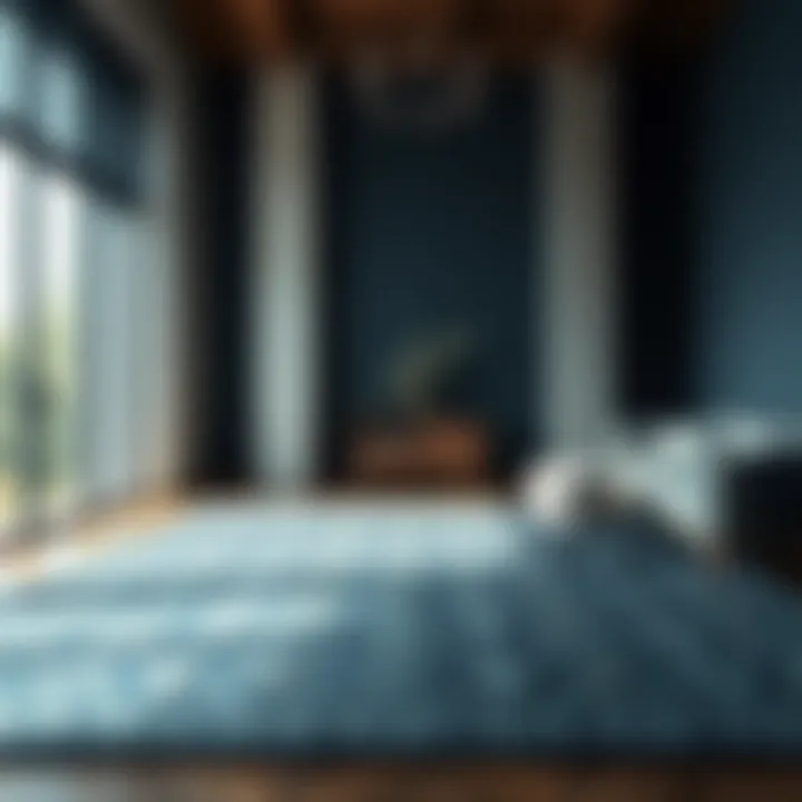 Minimalist Space Featuring Patterned Dark Blue Rug Dark blue rug showcasing intricate patterns in a minimalist space