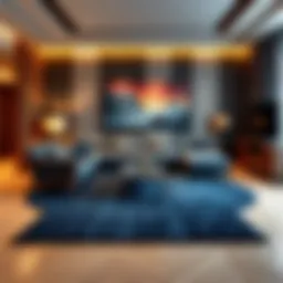 Elegant dark blue rug in a contemporary living room setting