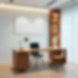 Sleek modern workspace with a stylish desk and bookshelf