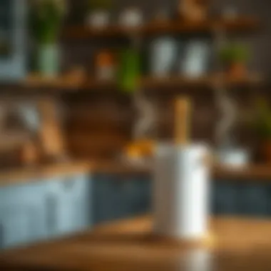 Stylish wooden paper towel holder in a rustic kitchen setting