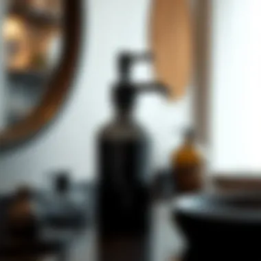 Artistic view of black liquid soap dispenser with decorative elements