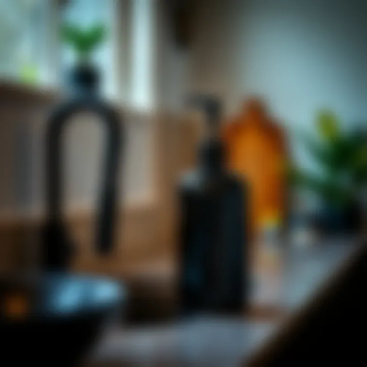 Stylish black liquid soap dispenser on kitchen countertop