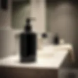 Elegant black liquid soap dispenser in modern bathroom setting