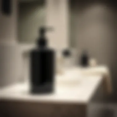 Elegant black liquid soap dispenser in modern bathroom setting