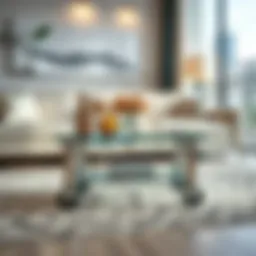 Elegant glass table on wheels in a modern living room