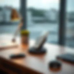 A stylish round phone holder on a modern desk