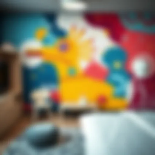 A vibrant mural depicting an abstract design, enhancing the creativity of a youth room.